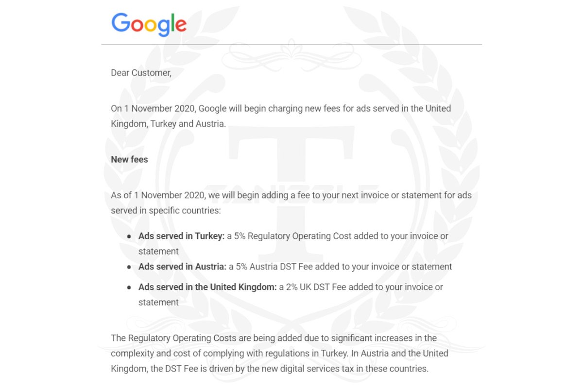 iTanizzle's tweet photo. This will "not" help small businesses and consumers in the long run. Google set to pass on it's "Digital Services Tax" (DST) costs to advertisers #DigitalRegulationsAgenda >>> https://t.co/RpIrDY1170 https://t.co/7ghsd1IYbI