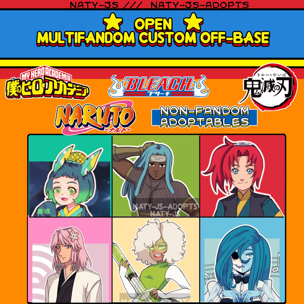 _natyjs's tweet image. NEW! OPEN MULTIFANDOM CUSTOMS OFF-BASE!!
Link: fav.me/de4cxhc
Form:  forms.gle/YKoumXG5DxrCLQ…
You can claim by twitter too! Send me a dm!

#customs #customadopt #customadoptable #adopt #adoptable #anrutoadopt #naruto #kny #kimetsunoyaiba #MyHeroAcademia #bnha #bleach