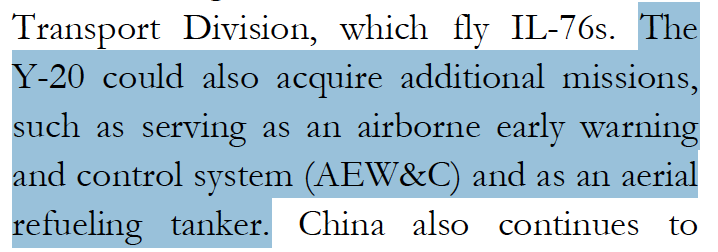 And a definitive statement that China is developing a tanker version of the Y-20, which could significantly increase the PLAAF/PLANAF's reach. Last year's statement was much mushier, saying only that they "could" acquire that mission area.
