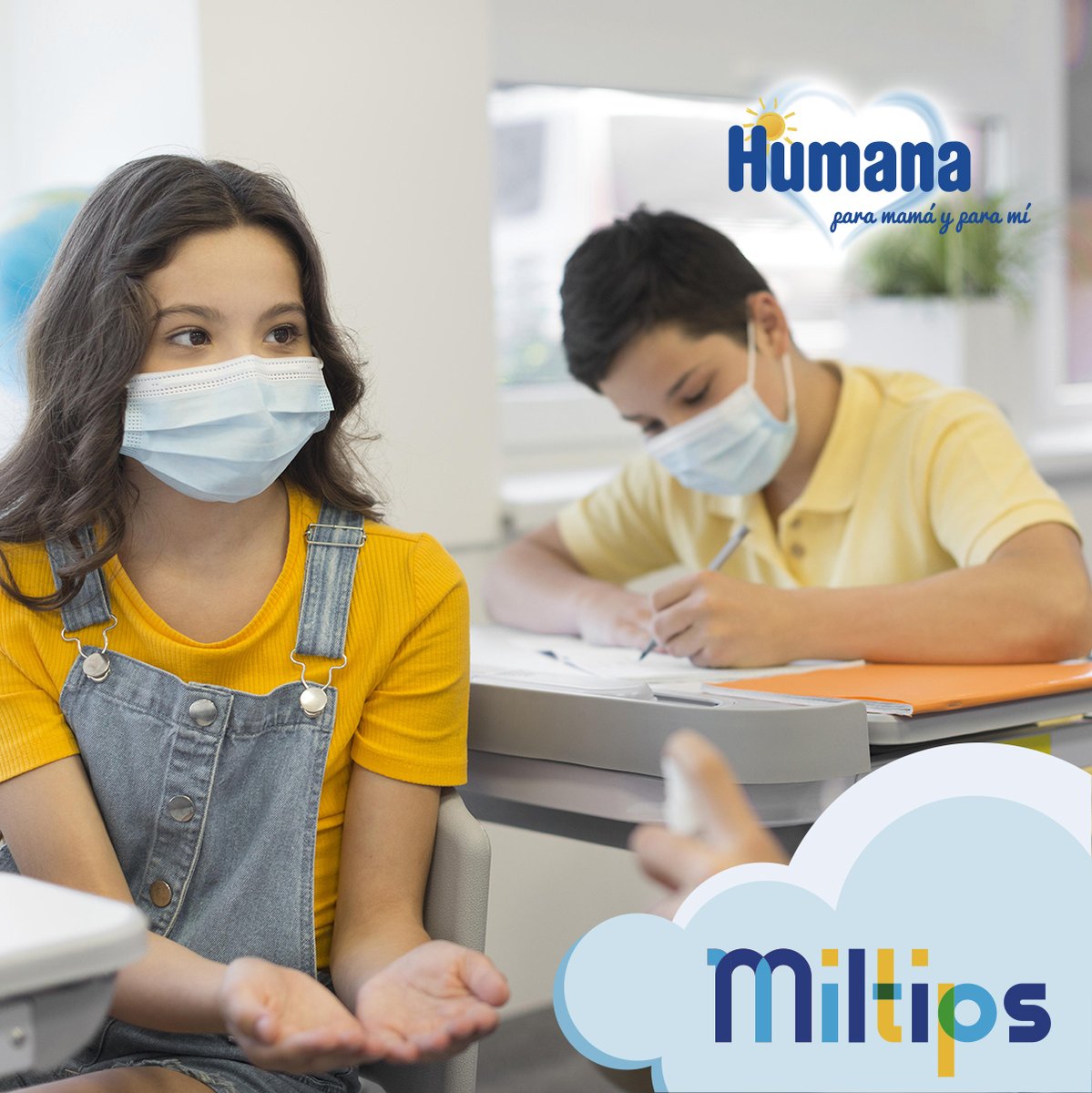 HumanaBabySpain's tweet photo. 🎒Ahora que los niños vuelven al cole debemos tener especial precaución con el uso de los #geles desinfectantes fuera de casa. Estos días dedica tiempo a enseñarles #cuándo ⏰ y #cómo 🤔 utilizarlo en clase, sin olvidar la regla Nº1:

¡la mascarilla siempre puesta!

#HumanaBaby https://t.co/Vn5wCJoRhk