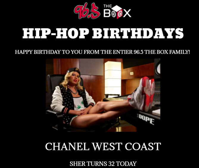 965TheBox's tweet photo. HAPPY BIRTHDAY TO @chanelwestcoast FROM THE ENTIER 96.5 THE BOX FAMILY! π π π
CHANEL WEST COAST 32 TODAY!πππ
#965thebox #goodmusic #hiphop #chanelwestcoast #happybirthday https://t.co/PUGps1u5b2