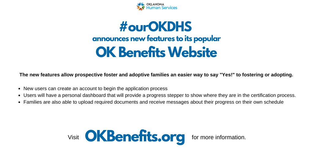 OKDHS's tweet photo. #ourOKDHS The OKBenefits website recently launched new features, and they arrive just in time, as foster homes are in high demand.

If you are interested in applying to become a foster family, you can be some of the first to use https://t.co/9waFyg7LCU for this purpose! https://t.co/xy7MiGDp94