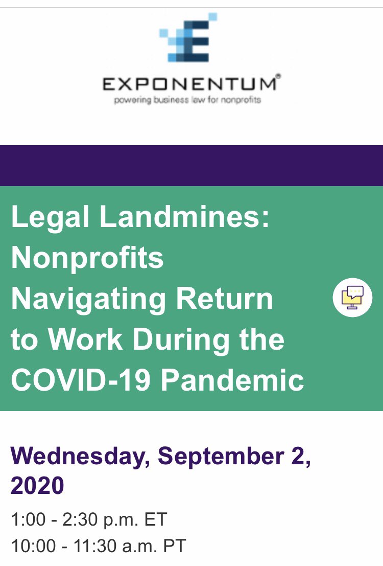 darryljmaxwell's tweet photo. #Nonprofits, join @DCBarProBono @JacksonLewisPC &amp; #Exponentum for a #Webinar: Navigating Return to Work During the #COVID19 #pandemic.

Register here:
https://t.co/F5Rxhvwn9D https://t.co/0EQrKdYQsT