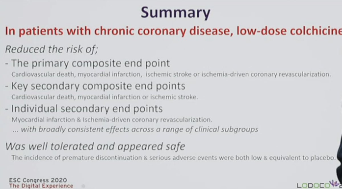 3) Colchicine 0.5mg od in pts with chronic coronary diseaseCV death/MI/CVAEvidence: LoDoCo 2 - https://www.nejm.org/doi/full/10.1056/NEJMoa2021372 #ESCCongress3/n