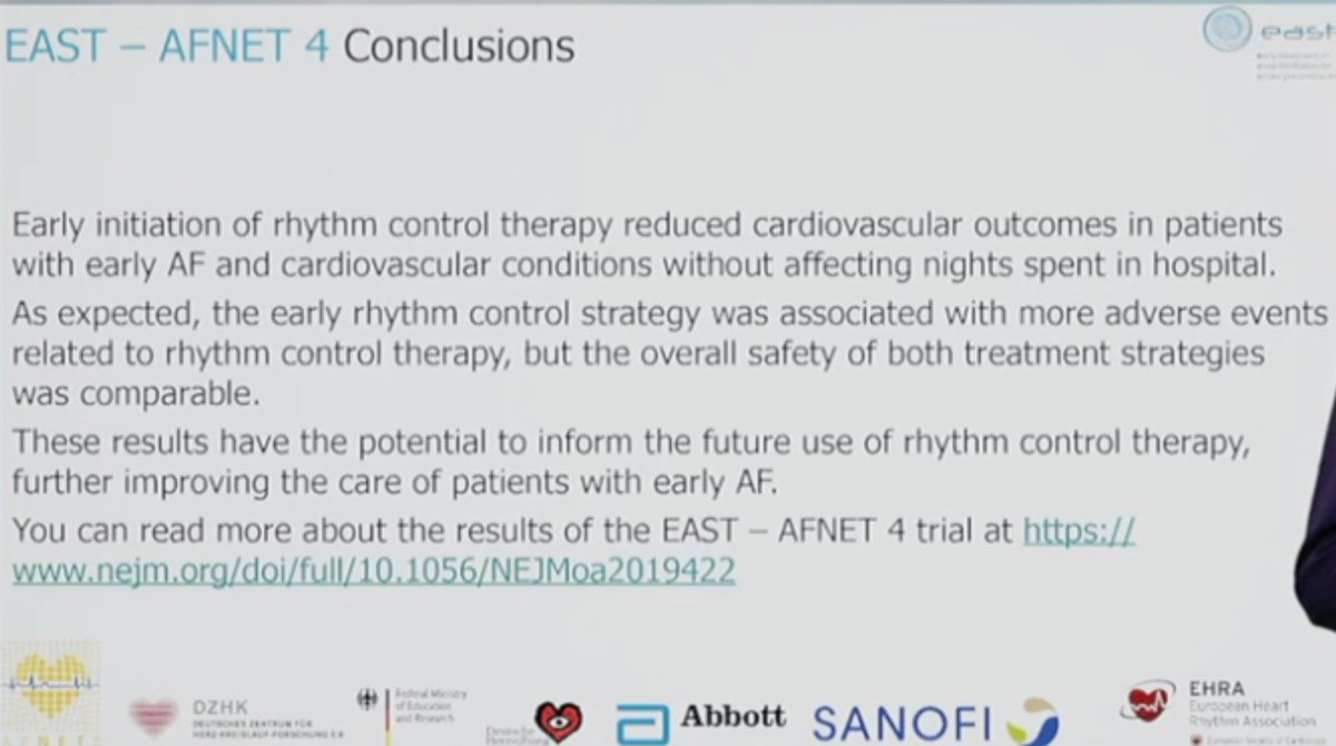 8) Early rhythm control decreases risk of adverse cardiovascular outcomes in AF Evidence: EAST AFNET 4  https://www.nejm.org/doi/full/10.1056/NEJMoa2019422 #ESCCongress8/n