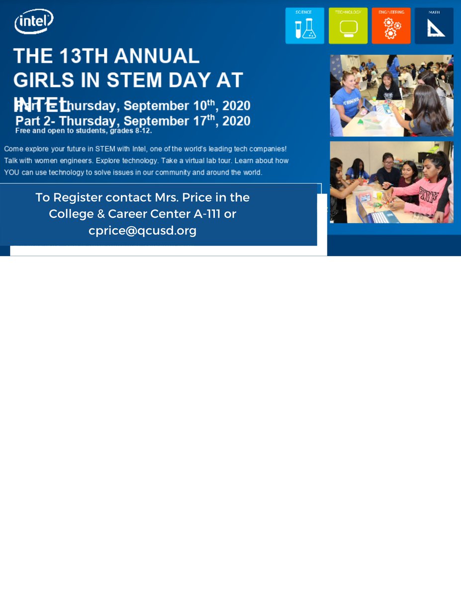 #GIRLSINSTEM -@ QCHS hosted by <a href="/intel/">Intel</a>  Explore your future in STEM!
Talk with women engineers/Explore technology/Virtual lab tour. Learn about how YOU can use technology to solve issues in our community and around the world. Email cprice@qcusd.org to register 9/10 &amp;17 #QCLeads