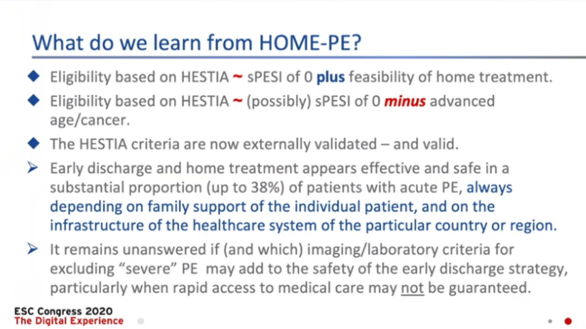 10) Either the sPESI or the HESTIA score can be used to identify ~ a third of pts with PE who can be discharged early and treated at homeEvidence: HOME PE - not yet published -  https://www.escardio.org/The-ESC/Press-Office/Press-releases/Trial-clarifies-which-patients-with-acute-pulmonary-embolism-can-be-managed-at-home #ESCCongress10/10