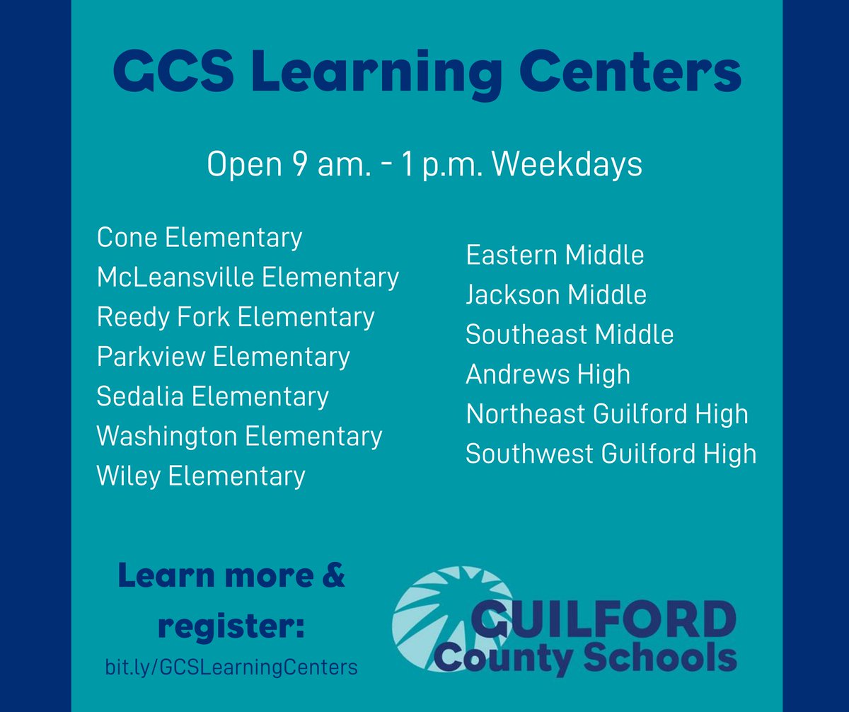 GCSchoolsNC's tweet photo. GCS Learning Centers NOW OPEN in 13 schools! Students who have unreliable internet access can visit the centers to use the district’s high-speed internet to access digital content &amp; complete assignments. Service is free, but advanced registration required: https://t.co/Yy068Zm5r7 https://t.co/DcXZ4HAPof