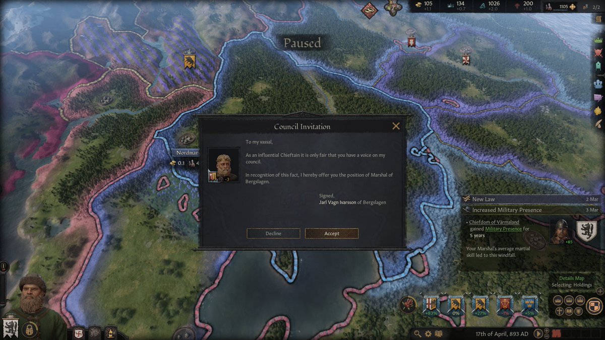 We have been granted the position of Marshal of Sweden. This will mean more battles ahead.  #CrusaderKings3