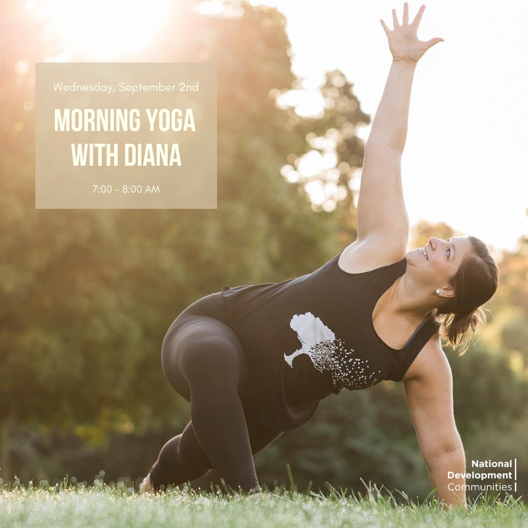 NDCommunities's tweet photo. Join us for Morning Yoga, Wed. 9/2 @ 7:00 AM and start your day off right! Diana will lead you through a practice that will strengthen your core & improve flexibility. #NDCommunities Residents RSVP @RENTCafecom. #LoveWhereYouLive #NDVirtualEvents #YogaWithDiana #Namaste #Zoom https://t.co/ERl6azgV0W