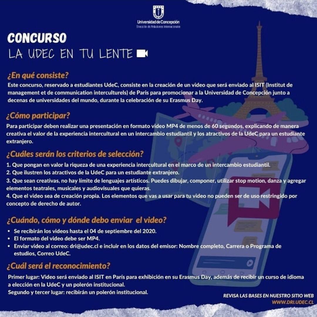 #ConcursoUdeC: “La UdeC en tu lente”

¡Atención Estudiantes UdeC! quedan 3 días para enviar tu video  y ser el o la representante de la #UdeC en París.

Revisa las Bases y Premios en el link bit.ly/2Qb86Xi