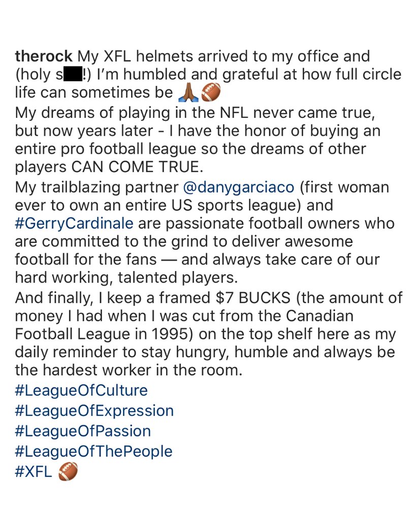 .@TheRock is keeping $7 framed in his office as the new XFL owner because that was the amount of money he had when he was cut from the CFL in 1995. 'A daily reminder to stay hungry, humble and always be the hardest worker in the room.' 🙌
