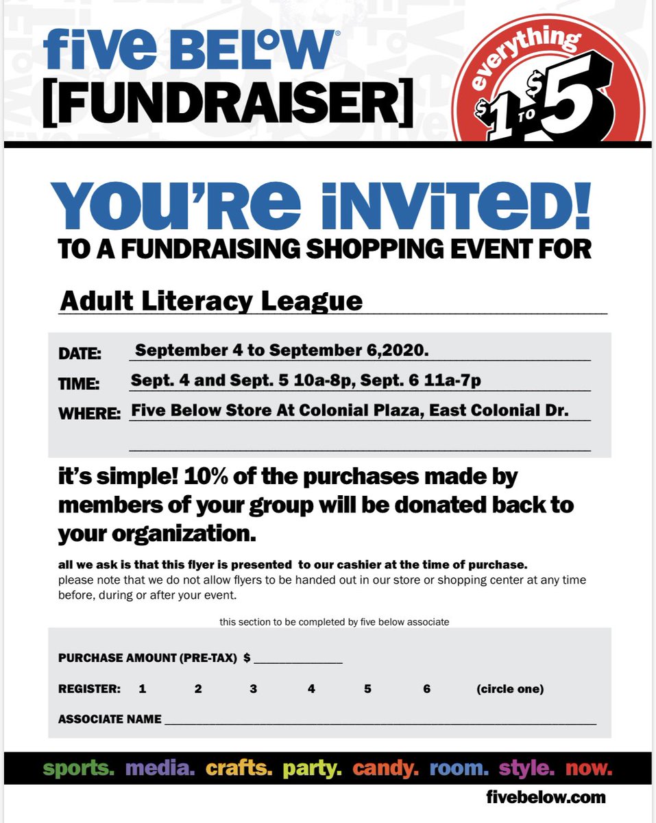 Show this flyer when you check out at the <a href="/fivebelow/">Five Below</a> location in Colonial Plaza THIS Friday, Saturday &amp; Sunday, and 10% of your purchase will be donated back to ALL! 🛒🛍

See you there! We'll meet you by the Baby Yoda merch 💫