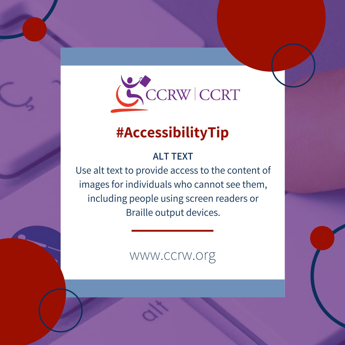 CCRW's tweet image. Looking for ways to ensure your work is #Accessible?  Stay tune for more #AccessibilityTips!