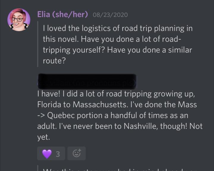 Last month we read Hairpin Curves by  @EliaWinters and invited her into our Discord. Here& #39;s a peek at some of the conversations we had! Thank you so much for joining us and answering so many fun questions! First up we had to talk roadtrips!  #RSJHairpin