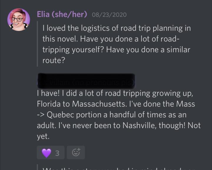 Last month we read Hairpin Curves by  @EliaWinters and invited her into our Discord. Here's a peek at some of the conversations we had! Thank you so much for joining us and answering so many fun questions! First up we had to talk roadtrips! #RSJHairpin