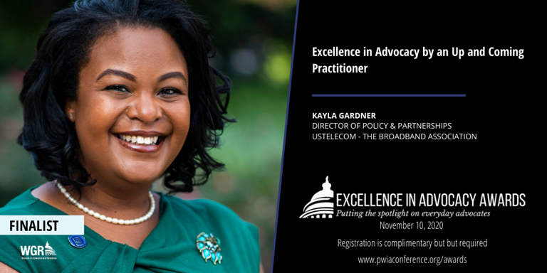 USTelecom's tweet photo. Each year @WGRDC presents the Excellence in Advocacy Awards as part of the Professional Women in Advocacy Conference. Our Director of Policy &amp; Partnerships @KaylaKdGardner has been named finalist for “Up and Comer of the Year” – congratulations Kayla! 👏

https://t.co/fBCKaSx0AP https://t.co/0I5zoJG91c