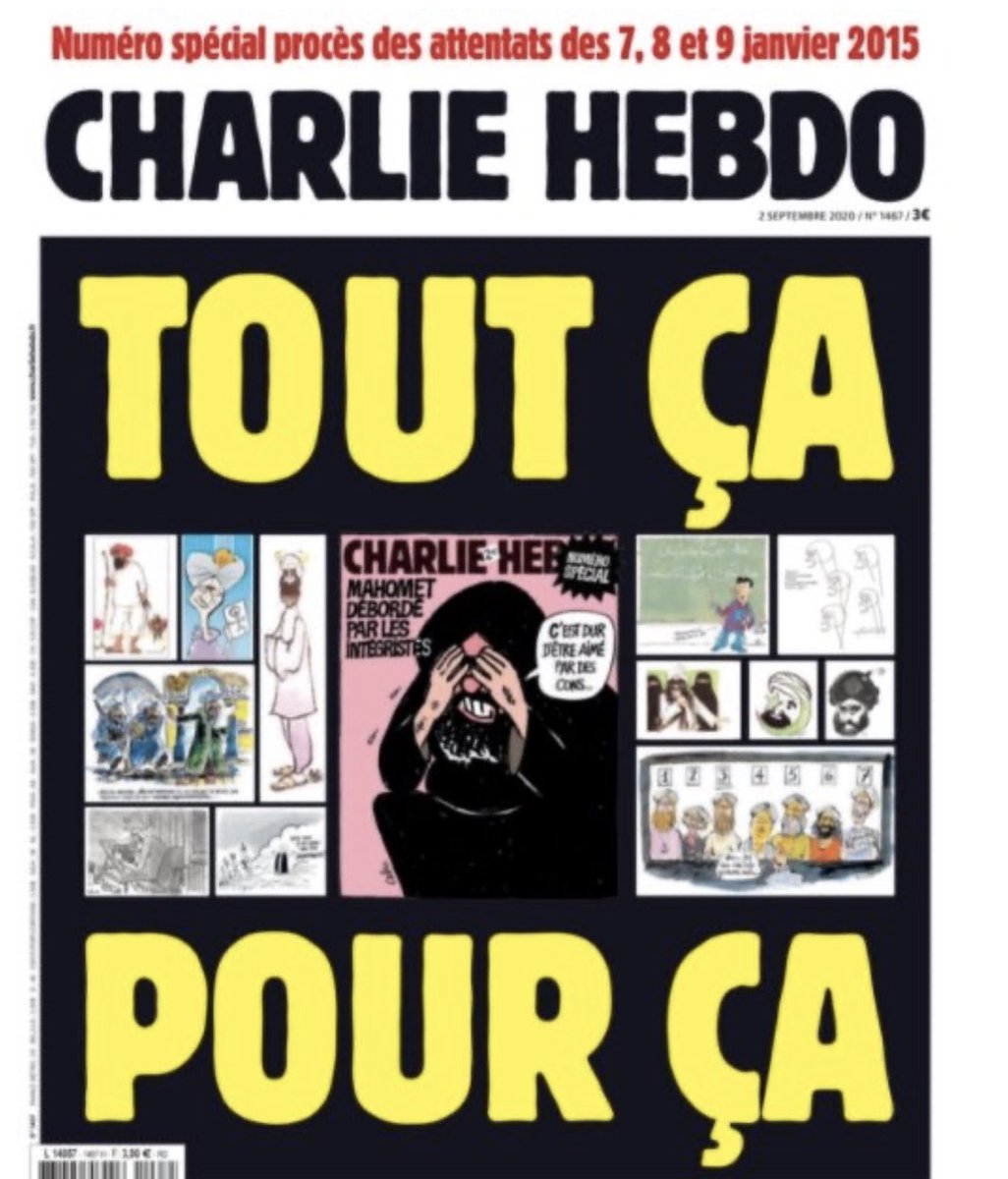lgeoffro's tweet photo. La une de #CharlieHebdo le jour de l’ouverture du procès des attentats de janvier 2015. Se souvenir, ne pas céder et soutenir cette une d’un courage admirable. https://t.co/gkeqrrsanZ