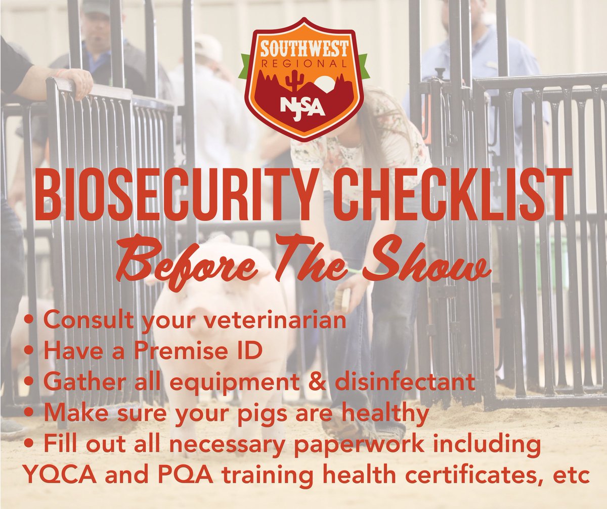 NationalSwine's tweet photo. Biosecurity is essential to keep pigs healthy. Use this checklist to implement proper biosecurity practices before, during and after the #NJSA Southwest Regional! #SWR2020 https://t.co/kGMKUVe69d