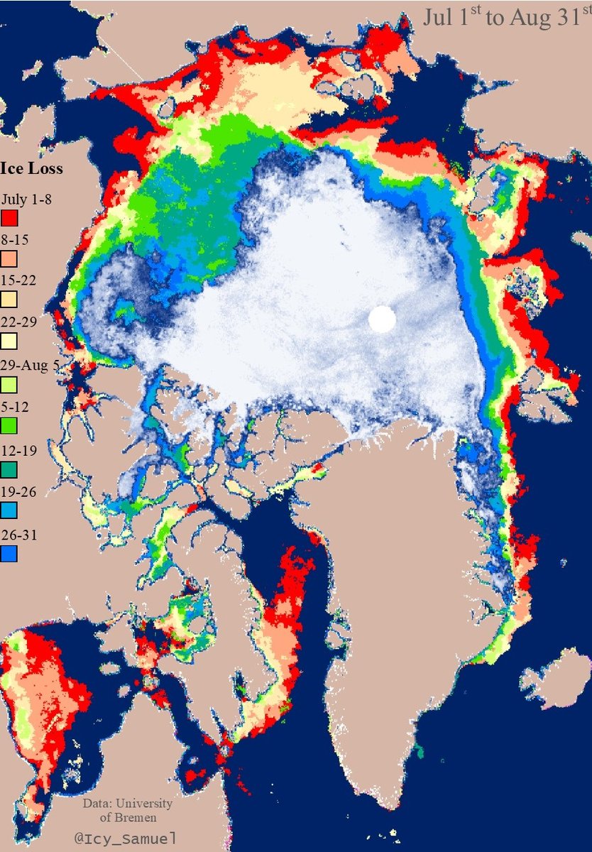 Icy_Samuel's tweet photo. Week by week (well, almost) of #Arctic #seaice loss from July 1st to August 31st, with the concentration from August 31st overlain. https://t.co/5pJOim8UBd