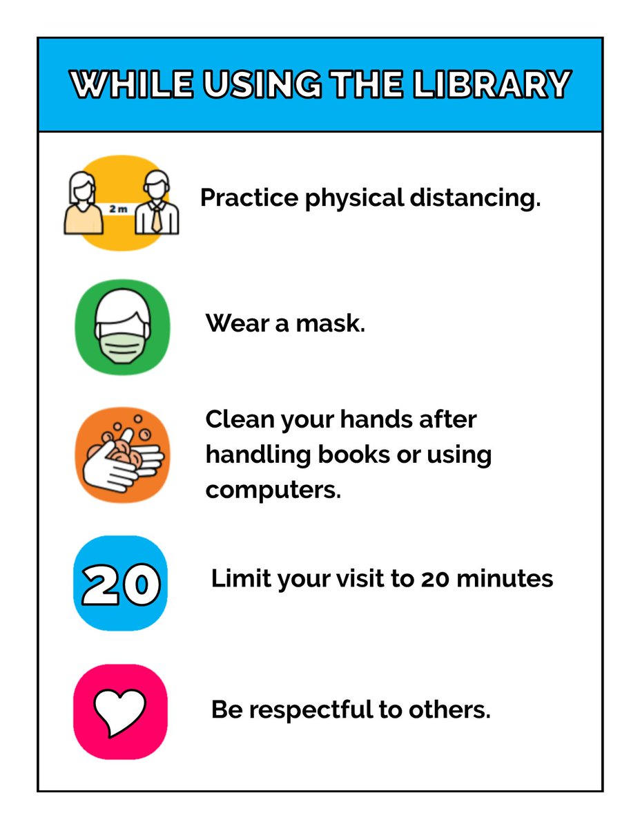 HaliburtonCPL's tweet image. When visiting our branches, please practice physical distancing, wear a mask, clean your hands after handling books or using computers, limit your visit to 20 minutes, and be respectful to others. 2/3
