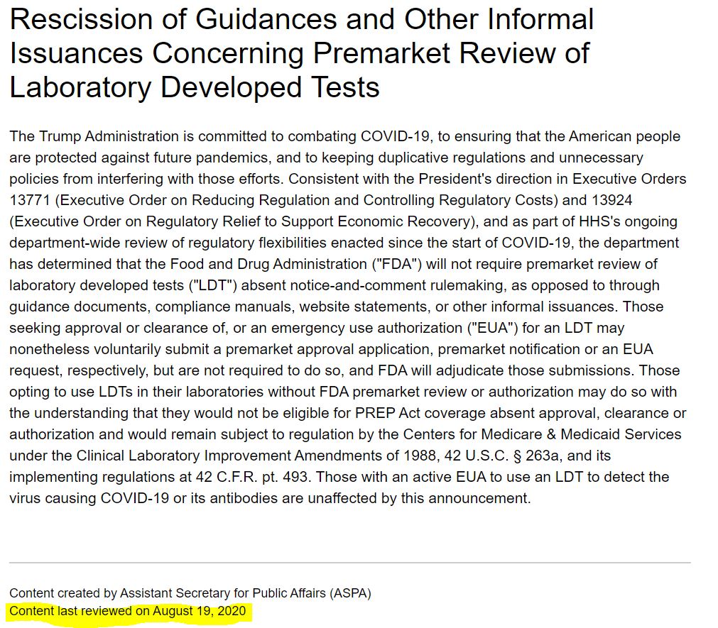  @HHSGov recently added an  #LDT FAQ to the statement on its website that  @US_FDA cannot require premarket review of LDTs w/out notice-and-comment rulemaking. Here's the FAQ:  https://www.hhs.gov/sites/default/files/laboratory-developed-tests-faqs.pdf