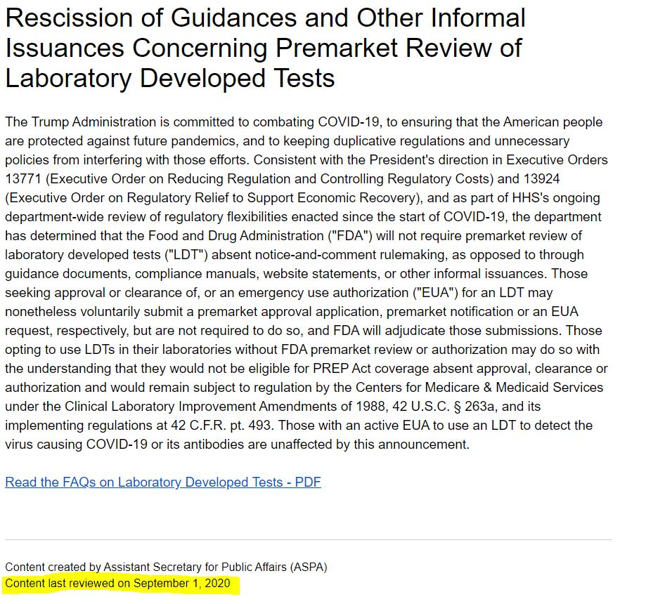  @HHSGov recently added an  #LDT FAQ to the statement on its website that  @US_FDA cannot require premarket review of LDTs w/out notice-and-comment rulemaking. Here's the FAQ:  https://www.hhs.gov/sites/default/files/laboratory-developed-tests-faqs.pdf