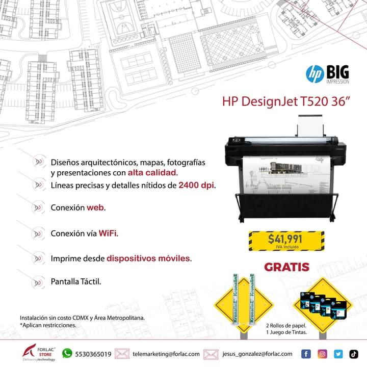 ForlacStore's tweet image. No te quedes sin tu plotter HP DesignJet T520😉🖨. Ideal para despachos de arquitectura, diseño y escuelas. 

*GRATIS*
2 rollos de papel
1 juego de tintas

Para más información 
📞55 3036 5019
#TecnologíaEnForlacMX #PlotterHP #Arquitectura #Diseño