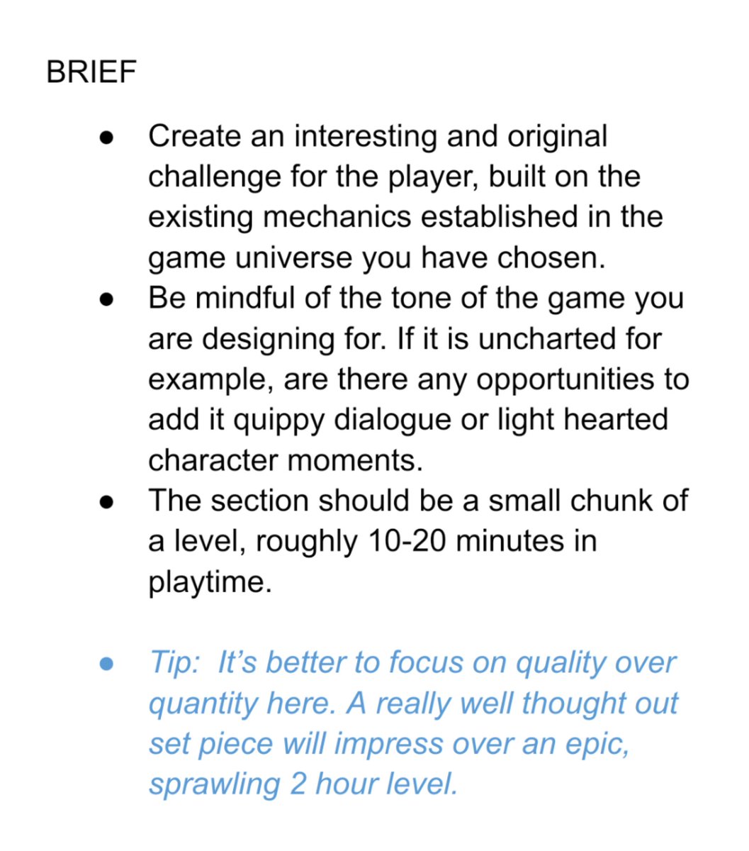 This is an example of a level design test. Once you learn the template you can start to imagine what kind of tests different kinds of studios might ask you to complete. There is definitely a pattern (at least in my experience)(2/10)