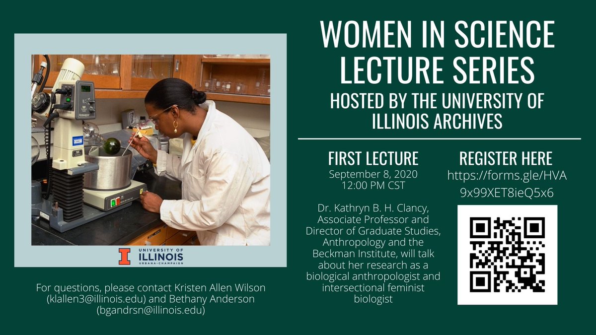 The Archives is hosting a #WomenInScience lecture series! Join us for our first talk by <a href="/KateClancy/">Kate Clancy 🍻 🙅</a> on Sept 8, 12-1 pm CT. Register here: forms.gle/HVA9x99XET8ieQ…. For more info, see: distributedmuseum.illinois.edu/about/women-in…