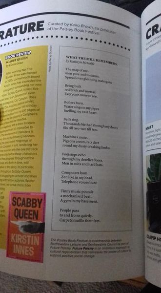 KMetcalfe76's tweet photo. My poem 'What the Mill Remembers' is featured in Paisley's very own Mill Magazine. 
@millmagazine  @Paisleymill @paisleyis @WeavingMusic 
#poetry https://t.co/p33LeVrM1X