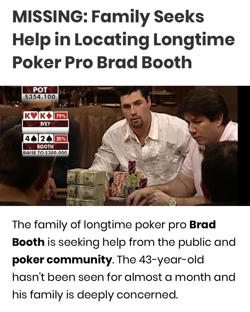 nerdthusiast's tweet photo. Check out the latest video on our YouTube channel. Help spread the word to find missing poker player Brad Booth. He has been missing for over a month. #unsolvedmysteries #MissingPerson #internetdetectives https://t.co/RGcyQB3qYf