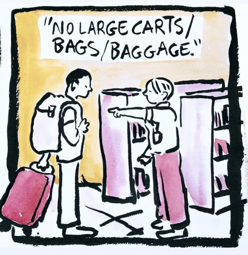 Libraries should be safe spaces for everyone. But, coded language in institutional policies makes it so that as library workers we have to police and exclude certain individuals and communities. This practice is illustrated in this comic about bag policies.