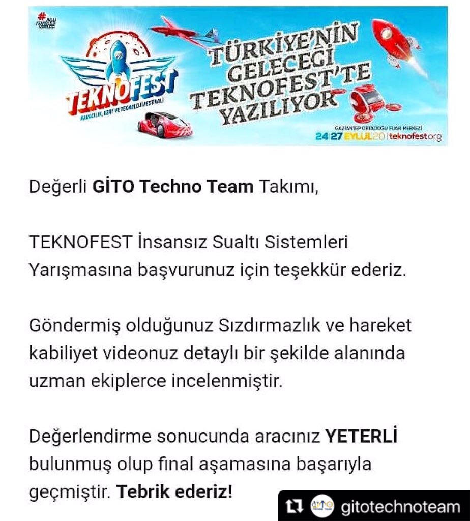 gungorenkizaihl's tweet photo. #Repost @gitotechnoteam with @make_repost
・・・
TEKNOFEST Havacılık, Uzay ve Teknoloji Festivali 2020 yarışmalarından İnsansız Su Altı Sistemleri Temel Kategori'ye okulumuz robotik takımı GITO Techno Team de katıldı. https://t.co/YicZ7zaBaR