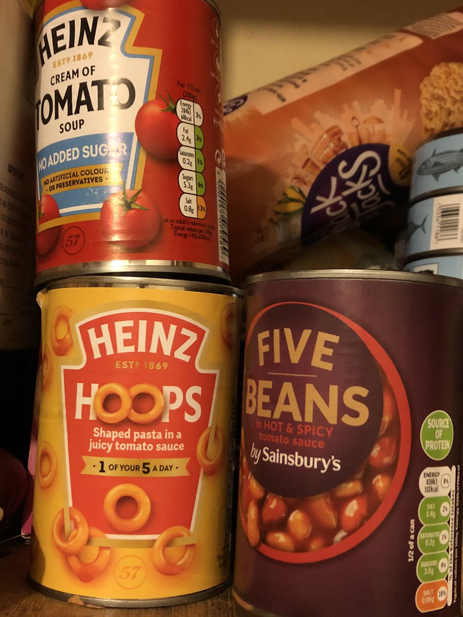 tinned shit! loads of tuna, black beans bc theyre my fav, and carby stuff,, last resort stuff besides the tuna tbh