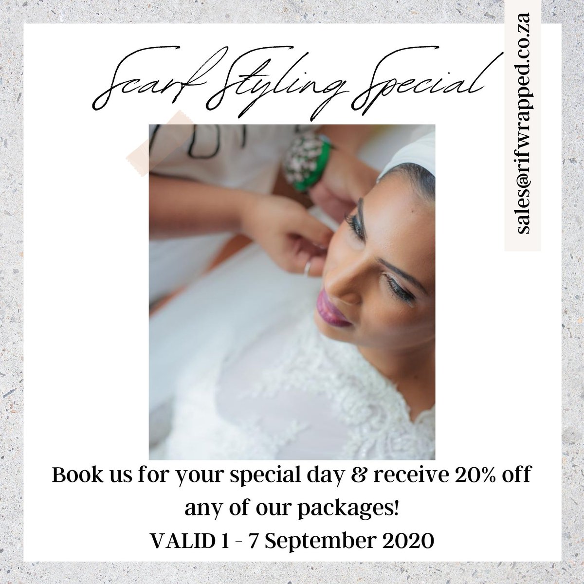 rif_wrapped's tweet photo. We have decided to spoil you lovelies with an amazing discounted offer on all our packages!
Valid till 7 September
T&C's apply
Email us on sales@rifwrapped.co.za to book
#rifwrapped #rifwrappedbride #rifwrappedscarfstyling #rifwrappedbridalstyling #scarfstyling #bridalstyling https://t.co/lNUUgewB8h