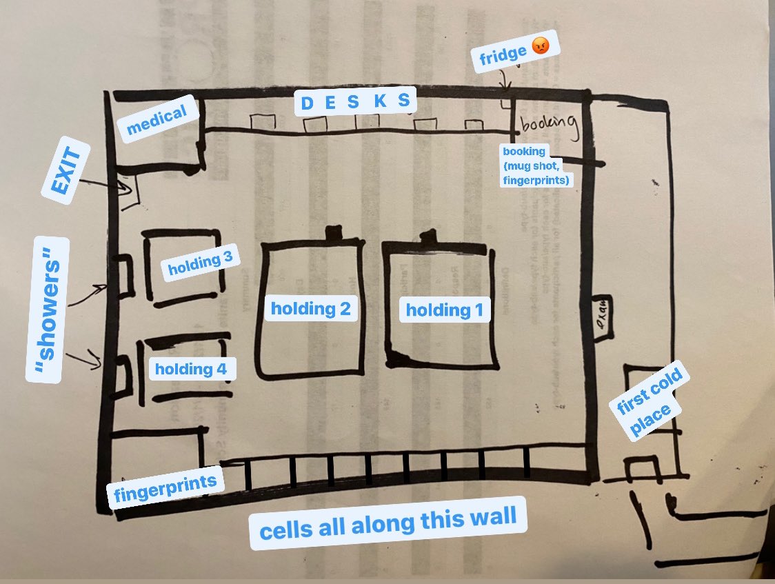 I am finally allowed the privilege of entering the holding area, referred to as “the pits” by the staff. There are two sunken “pits” in the floor with phones and benches. here’s a pretty old but good rending of the cell-side wall and also a picture I drew of the larger interior