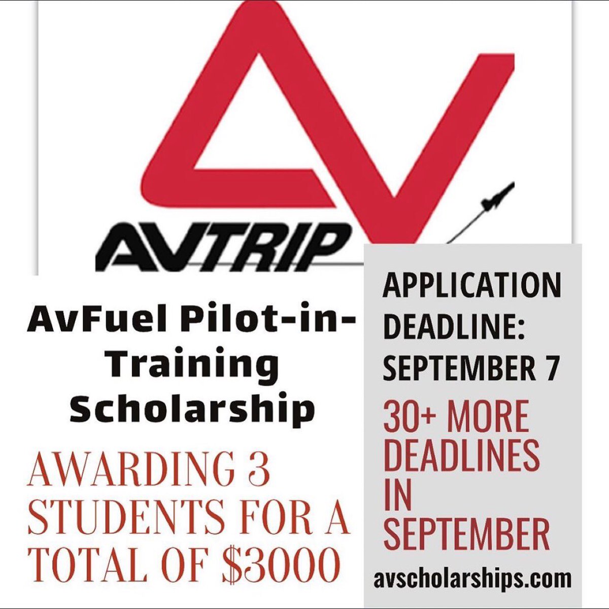 Over 30 scholarships have application deadlines in September. Make sure you're applying for all the scholarships you're eligible for! 🚁✈️ avscholarships.com