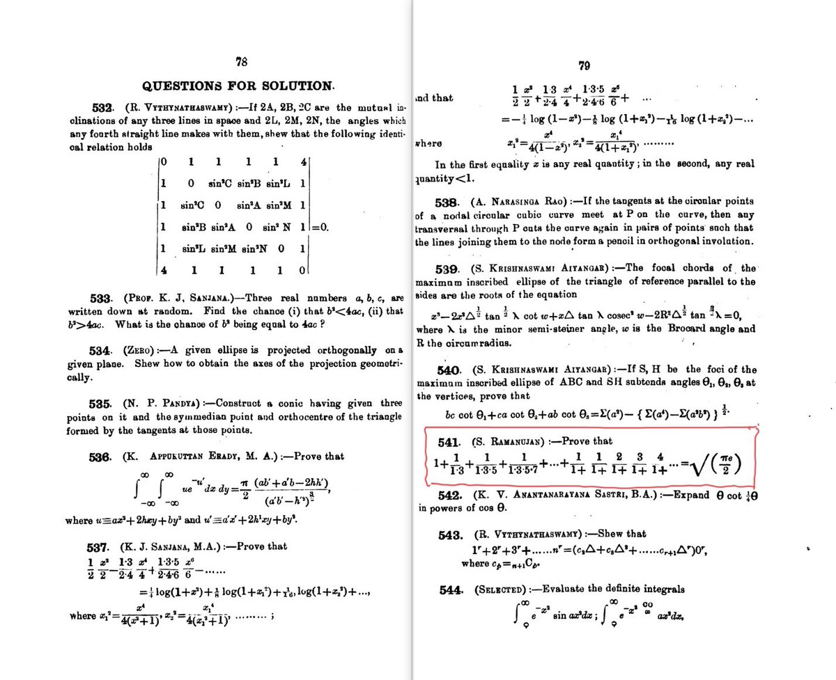 SpinorQuant's tweet image. @johncarlosbaez The reference to Ramanujan’s question # 541 is J. Ind. Math. Doc. Volume VI, April 1914, No. 2, page 79 (attaching pic of original page)