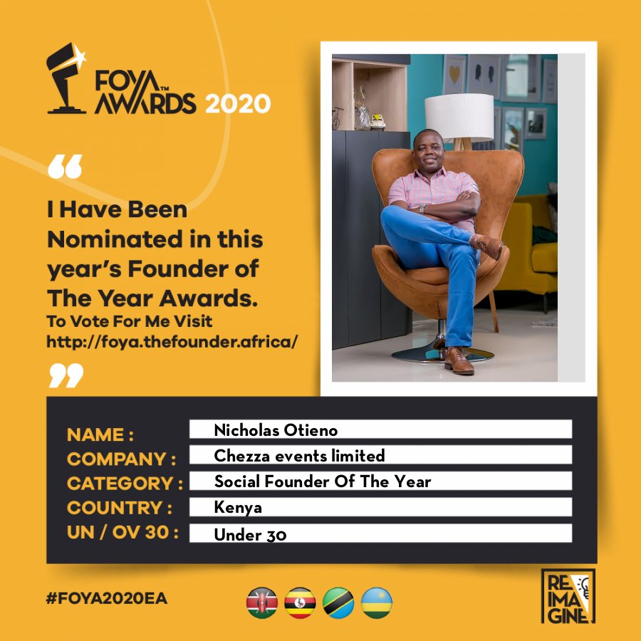 Chezzaevents's tweet photo. Hi all, Chezza Events Director has been nominated for FOYA2020 East Africa Awards , under "Social Founder of the Year" category.                                                     Vote for us🇰🇪🇰🇪

Vote link:
https://t.co/lIU4qZ9Xhk

Vote.Submit.Share
@FoyaGlobal https://t.co/2H1ETXCv6g