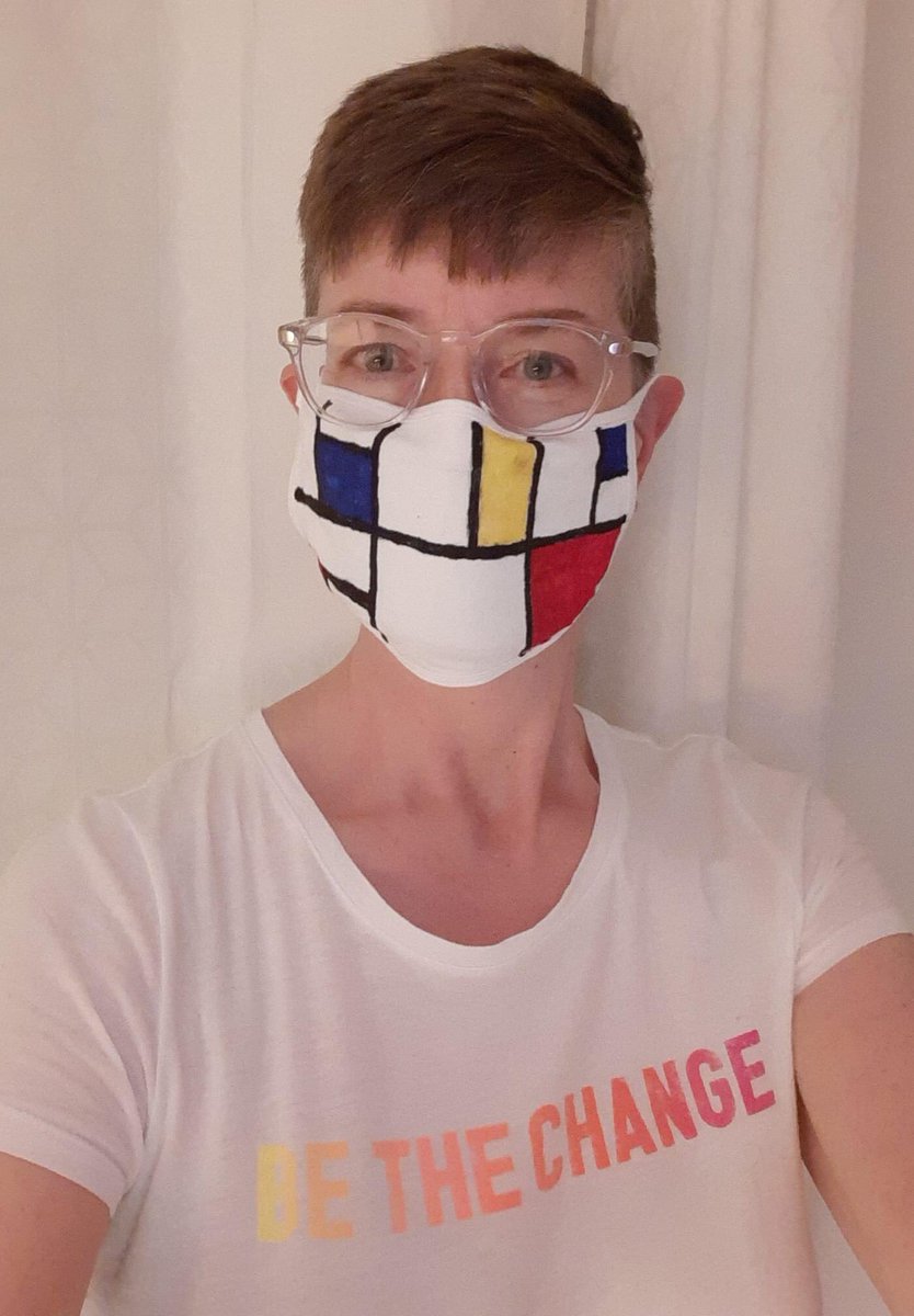 SmithAikman's tweet photo. Creating masks as Art History billboards on my face! Mondrian mask in Sharpie and Picasso in paint and textile medium makes them washable, keeps everyone safe and adds fun in my Art room! #teaching2020 #MaskUp #maplehurstmiddleschool https://t.co/7VrYGFsWfo