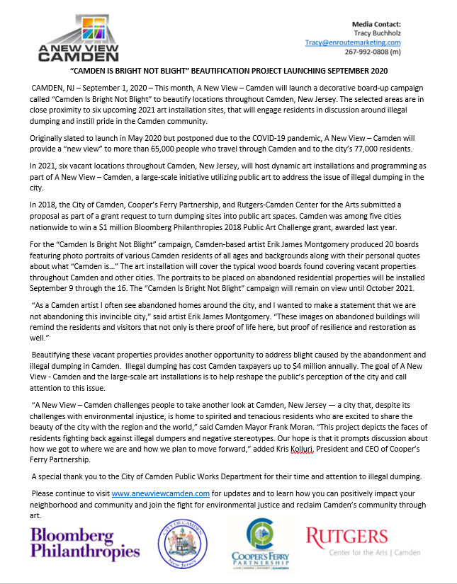 “CAMDEN IS BRIGHT NOT BLIGHT” BEAUTIFICATION PROJECT LAUNCHING SEPTEMBER 2020.  More information visit: anewviewcamden.com