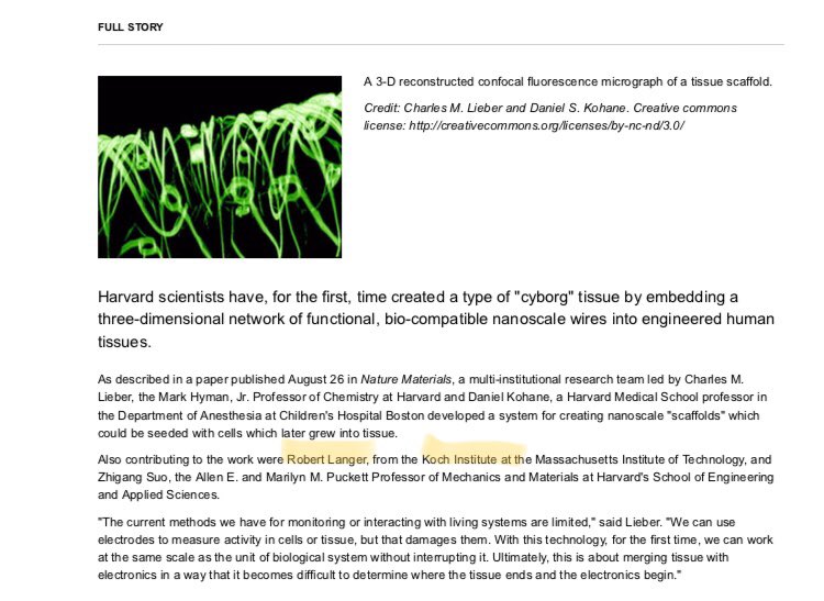 adding to thread ‘Cyborg' tissues: Merging engineered human tissues with bio-compatible nanoscale wires -- Sci... Charles Lieber, Robert Langer, MIT Koch  #KochNetwork.  https://cml.harvard.edu/assets/Cyborg-tissues_-Merging-engineered-human-tissues-with-bio-compatible-nanoscale-wires.pdf