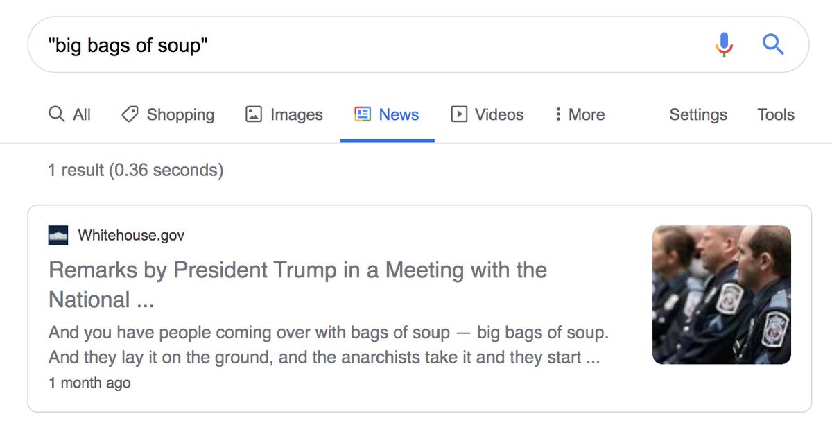 According to Google the phrase "Big bags of soup" has been recorded exactly once in all of history, what a time to be alive