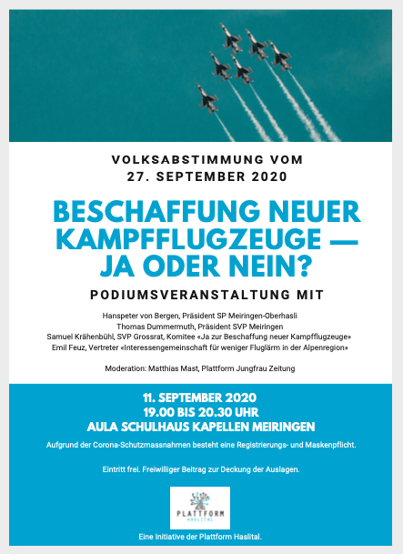 PF_Haslital's tweet photo. Gut informiert abstimmen! Wir laden am 11. September zur #Podiumsdiskussion in #Meiringen: Beschaffung neuer #Kampfflugzeuge — ja oder nein? Wir freuen uns auf viele Interessierte! https://t.co/NkSNotnjI3