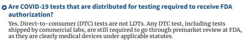 HHS states in the FAQ that DTC tests aren't LDTs. Those in the lab and pathology community historically against FDA regulation of LDTs tend to agree that DTC genetic tests aren't LDTs.