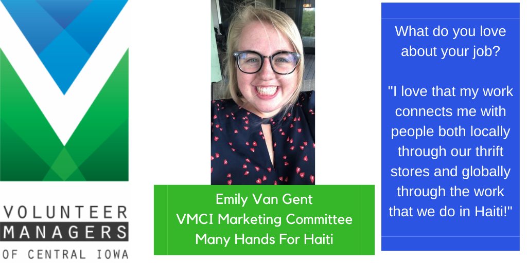 VolunteerMgrsCI's tweet photo. For this week's #MeetVMCIBoard, meet @EmilyVanGent who is the Event &amp; Volunteer Coordinator at @MH4H! Emily joined our Marketing Committee this year and has been doing a lot of the heavy lifting getting our new website up and running! We are thankful for all Emily does for VMCI! https://t.co/r9TCmOTT3j