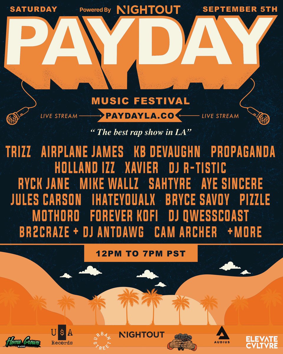 elprezdeLA's tweet image. What's better than a Rap Festival you can enjoy from your couch?!?

@payday_la presents #PayDayFest 

This Sat 9/5 Noon - 7pm PST

Powered by @therealNIGHTOUT + @AudiusProject + @deepr + more

#PayDayLA
#BestRapShowinLA