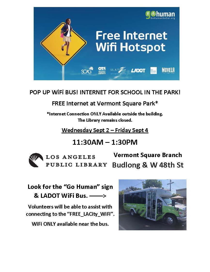 DrGeorgeMcKenna's tweet photo. 🗣️ @LACity & @LAPublicLibrary want you to test FREE #wifi access in public spaces like parks.
Use the “WiFi 🚍” on 9/2 & 9/4 from 11:30am – 1:30pm behind Vermont Square Branch Library.
Good💡? Let me know!
#Community #LAUSD #SLATEZ #DistanceLearning #AlwaysTeaching #MoveLA https://t.co/1C2WGLBKh7