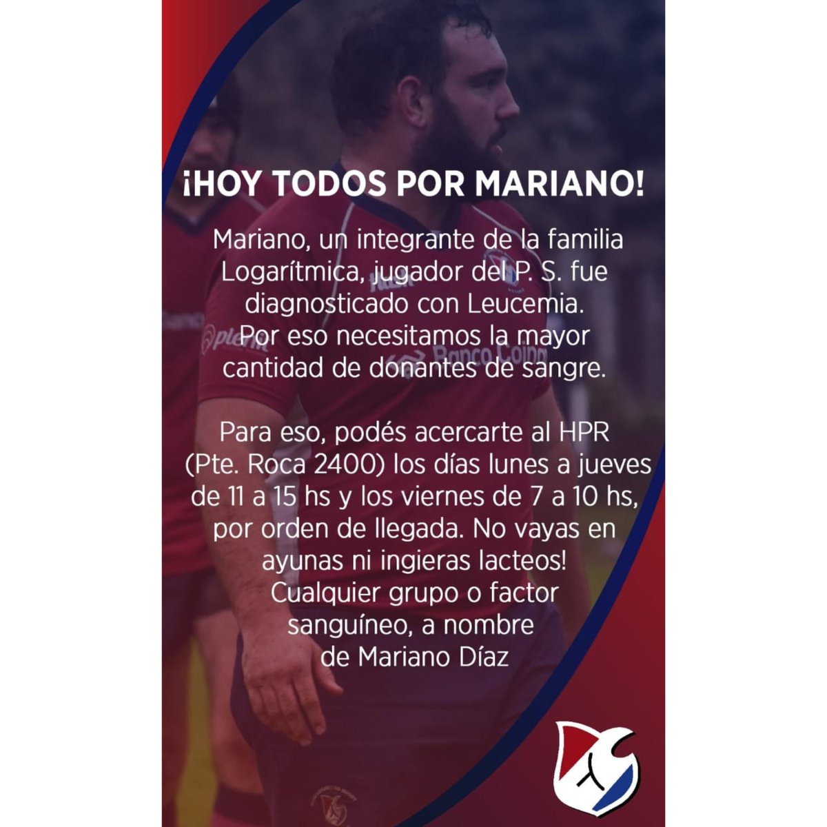 Vamos a darle una mano a Mariano!!!!  ❤️🤍💙 <a href="/LogaritmoRugby/">Club Logaritmo Rugby</a>